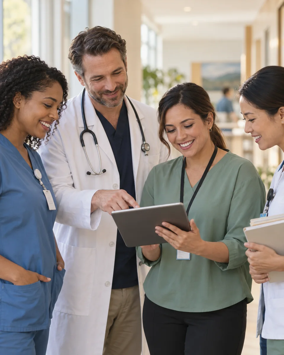 A nurse, physician, and care colleagues reviewing a tablet together